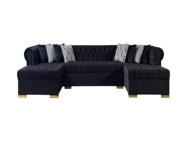 Black Velvet U Shaped Three Piece Sofa and Chaise Sectional With Toss Pillows