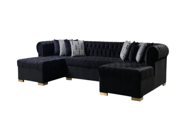 Black Velvet U Shaped Three Piece Sofa and Chaise Sectional With Toss Pillows