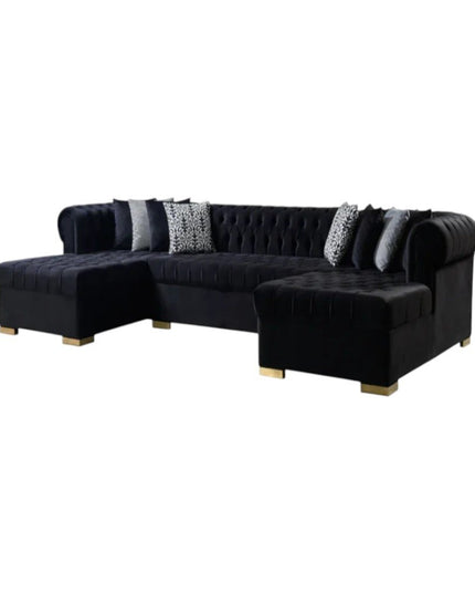 Black Velvet U Shaped Three Piece Sofa and Chaise Sectional With Toss Pillows