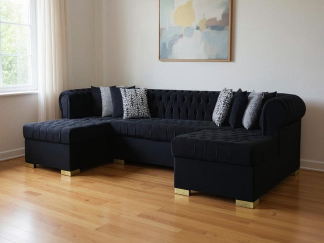 Black Velvet U Shaped Three Piece Sofa and Chaise Sectional With Toss Pillows
