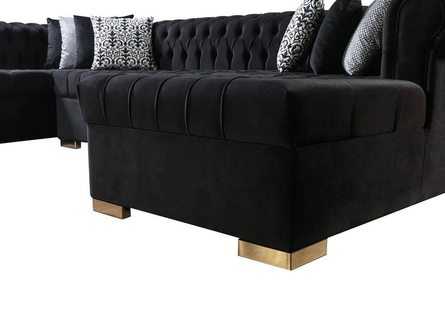 Black Velvet U Shaped Three Piece Sofa and Chaise Sectional With Toss Pillows