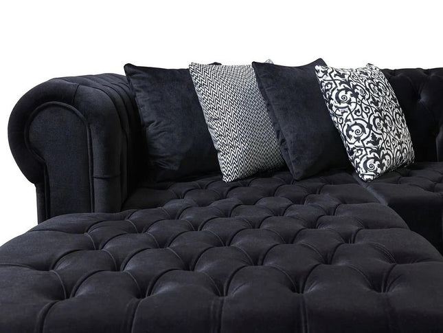 Black Velvet U Shaped Three Piece Sofa and Chaise Sectional With Toss Pillows