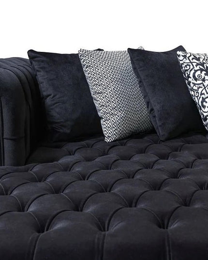 Black Velvet U Shaped Three Piece Sofa and Chaise Sectional With Toss Pillows