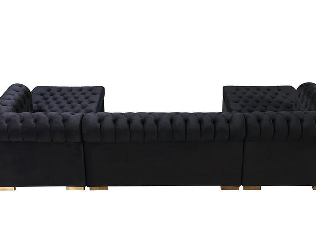 Black Velvet U Shaped Three Piece Sofa and Chaise Sectional With Toss Pillows