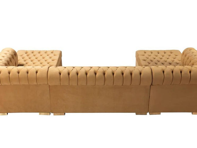 Mustard Velvet U Shaped Three Piece Sofa and Chaise Sectional With Toss Pillows