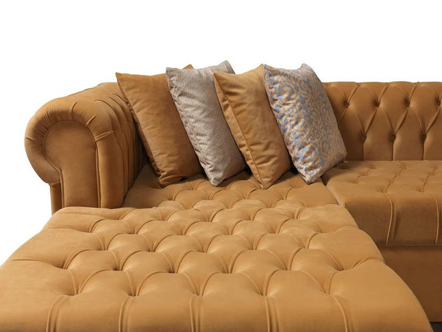 Mustard Velvet U Shaped Three Piece Sofa and Chaise Sectional With Toss Pillows