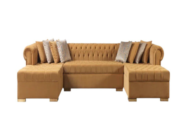 Mustard Velvet U Shaped Three Piece Sofa and Chaise Sectional With Toss Pillows