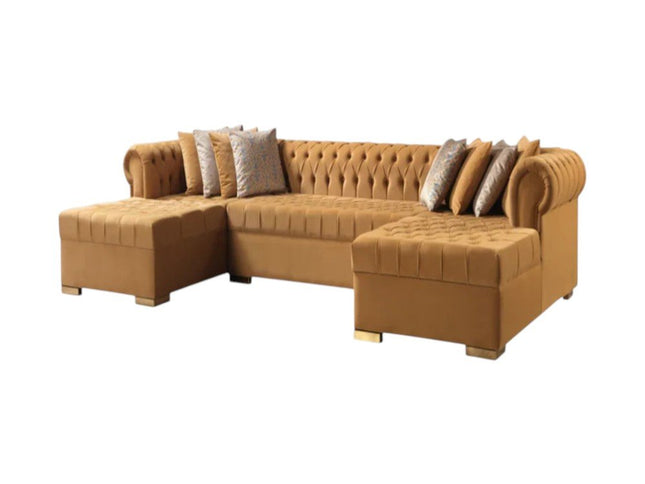 Mustard Velvet U Shaped Three Piece Sofa and Chaise Sectional With Toss Pillows