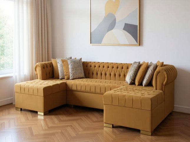 Mustard Velvet U Shaped Three Piece Sofa and Chaise Sectional With Toss Pillows
