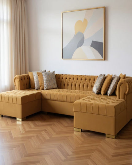 Mustard Velvet U Shaped Three Piece Sofa and Chaise Sectional With Toss Pillows