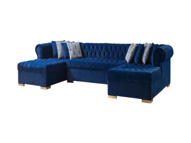 Blue Velvet U Shaped Three Piece Sofa and Chaise Sectional With Toss Pillows