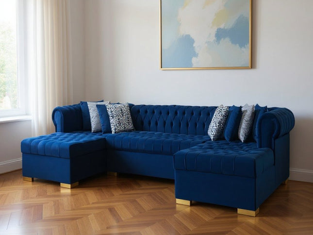 Blue Velvet U Shaped Three Piece Sofa and Chaise Sectional With Toss Pillows