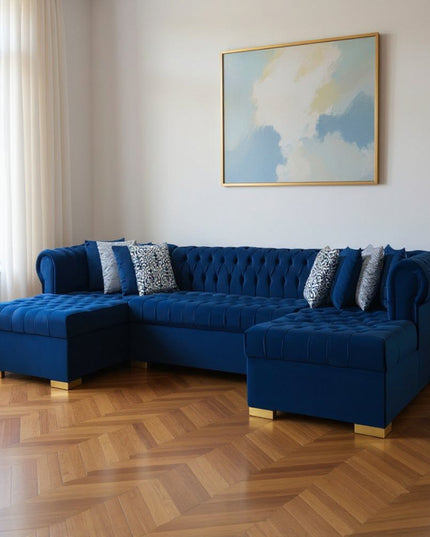 Blue Velvet U Shaped Three Piece Sofa and Chaise Sectional With Toss Pillows
