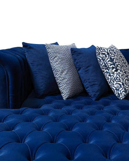 Blue Velvet U Shaped Three Piece Sofa and Chaise Sectional With Toss Pillows