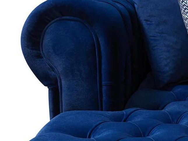 Blue Velvet U Shaped Three Piece Sofa and Chaise Sectional With Toss Pillows