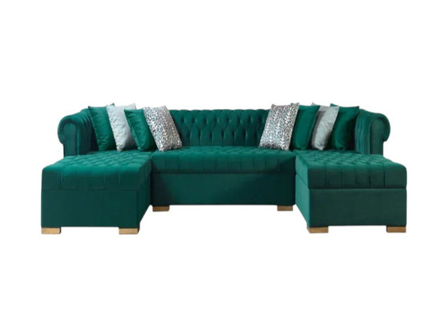 Green Velvet U Shaped Three Piece Sofa and Chaise Sectional With Toss Pillows