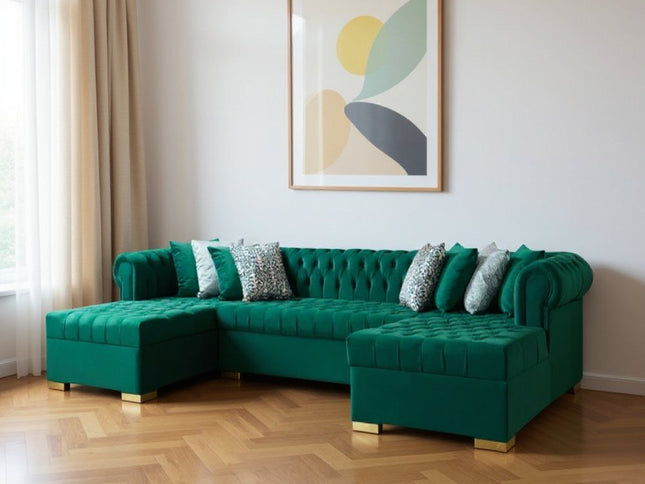 Green Velvet U Shaped Three Piece Sofa and Chaise Sectional With Toss Pillows