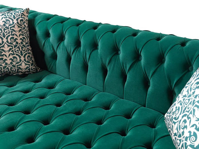 Green Velvet U Shaped Three Piece Sofa and Chaise Sectional With Toss Pillows