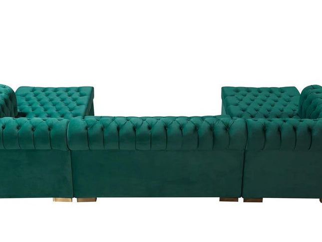 Green Velvet U Shaped Three Piece Sofa and Chaise Sectional With Toss Pillows