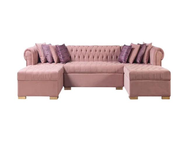 Pink Velvet U Shaped Three Piece Sofa and Chaise Sectional With Toss Pillows