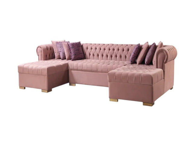 Pink Velvet U Shaped Three Piece Sofa and Chaise Sectional With Toss Pillows