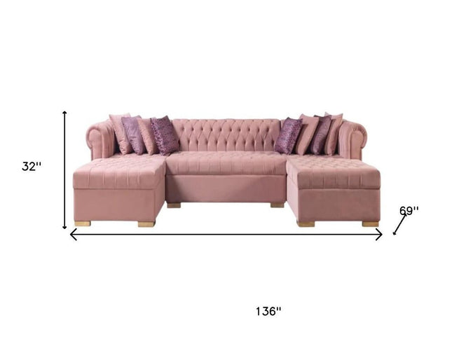 Pink Velvet U Shaped Three Piece Sofa and Chaise Sectional With Toss Pillows