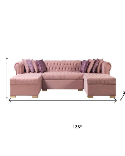 Pink Velvet U Shaped Three Piece Sofa and Chaise Sectional With Toss Pillows