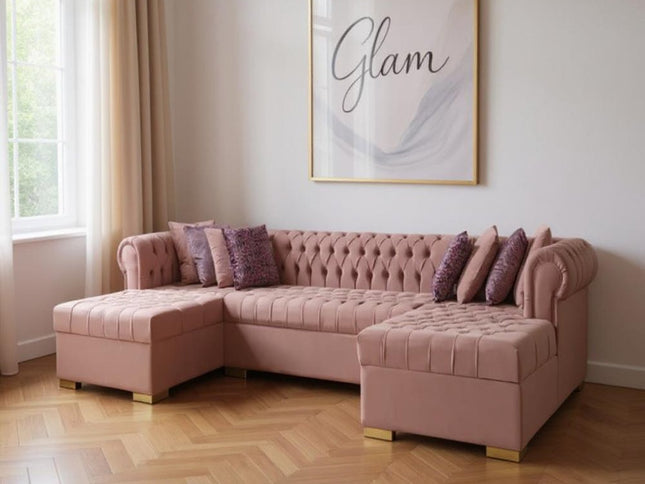 Pink Velvet U Shaped Three Piece Sofa and Chaise Sectional With Toss Pillows