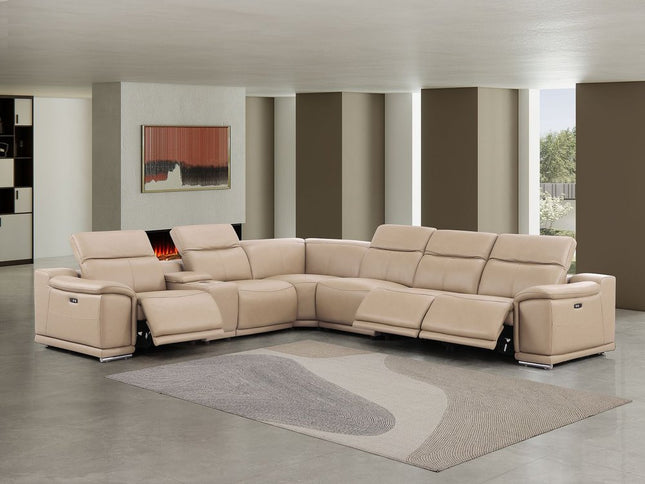 Beige Leather Modular L Shaped Seven Piece Corner Sectional With Console