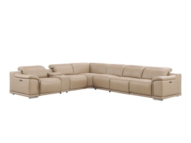 Beige Leather Modular L Shaped Seven Piece Corner Sectional With Console
