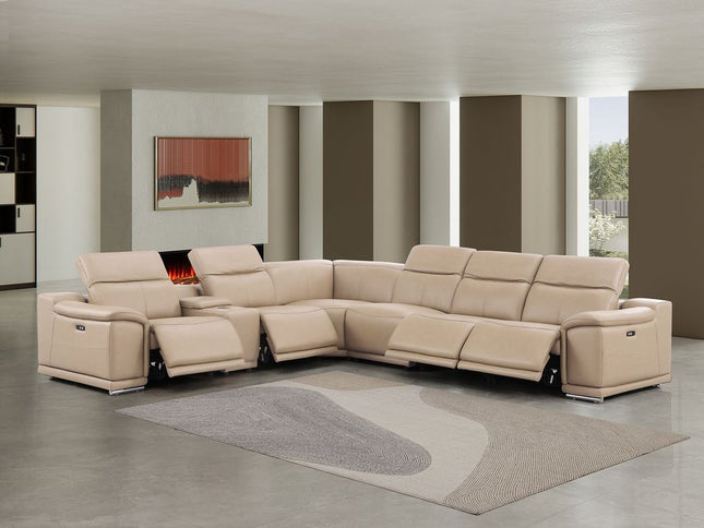 Beige Leather Modular L Shaped Seven Piece Corner Sectional With Console