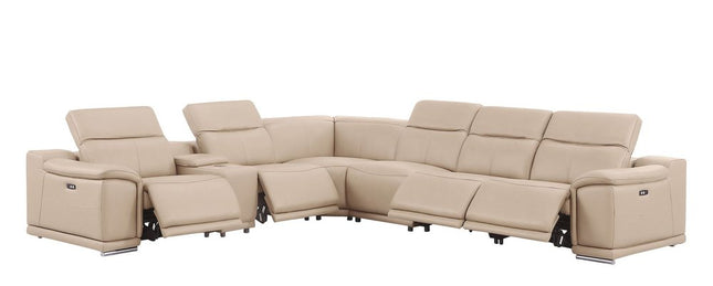 Beige Leather Modular L Shaped Seven Piece Corner Sectional With Console