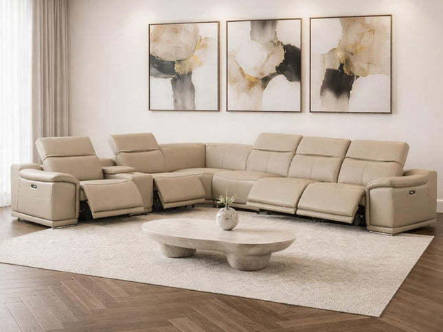 Beige Leather Modular L Shaped Seven Piece Corner Sectional With Console