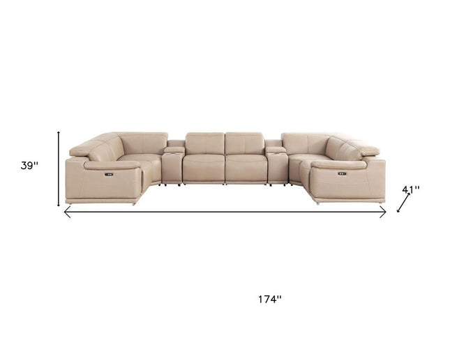 Beige Leather Modular U Shaped Eight Piece Corner Sectional With Console