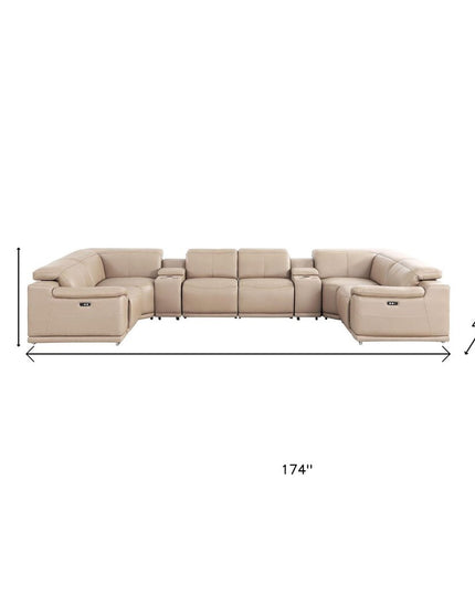 Beige Leather Modular U Shaped Eight Piece Corner Sectional With Console