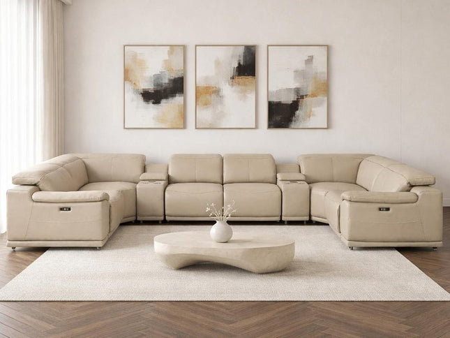 Beige Leather Modular U Shaped Eight Piece Corner Sectional With Console