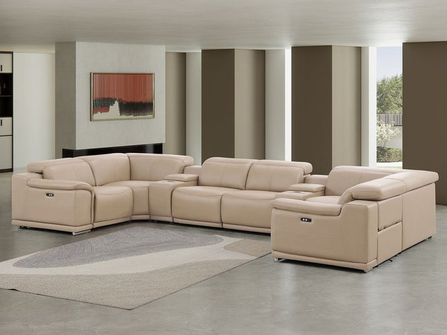 Beige Leather Modular U Shaped Eight Piece Corner Sectional With Console