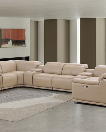 Beige Leather Modular U Shaped Eight Piece Corner Sectional With Console