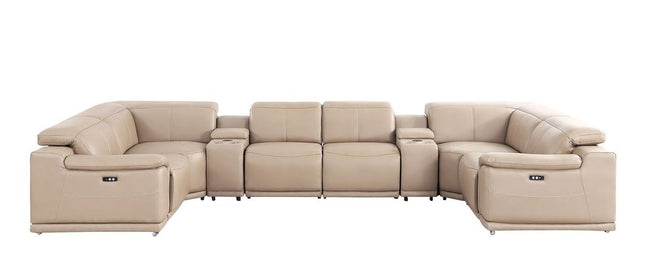Beige Leather Modular U Shaped Eight Piece Corner Sectional With Console