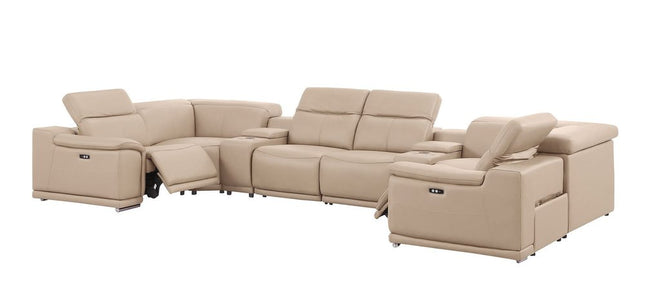 Beige Leather Modular U Shaped Eight Piece Corner Sectional With Console