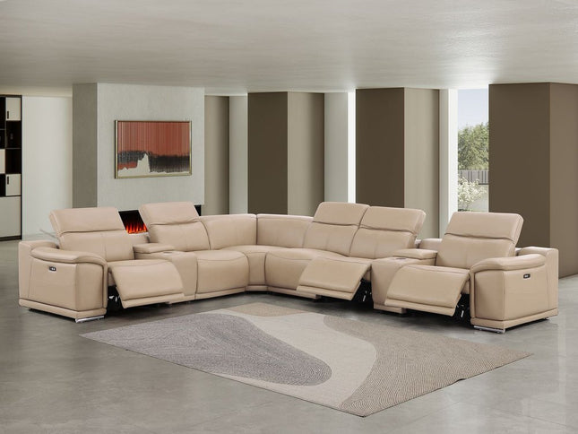 Beige Leather Modular L Shaped Eight Piece Corner Sectional With Console