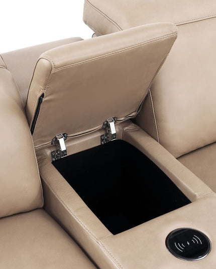 Beige Leather Modular L Shaped Eight Piece Corner Sectional With Console