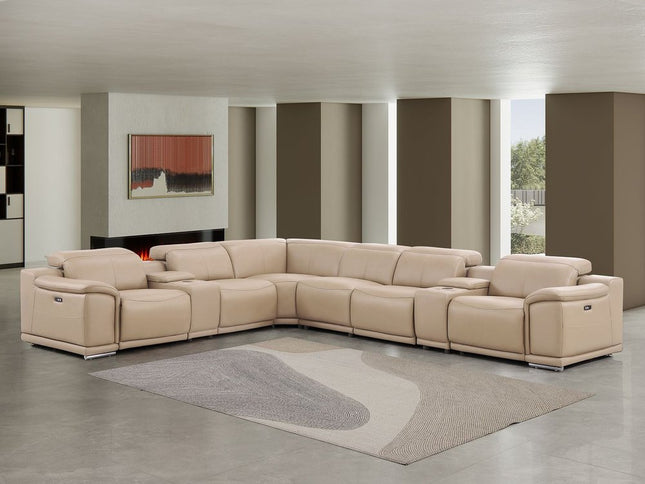 Beige Leather Modular L Shaped Eight Piece Corner Sectional With Console