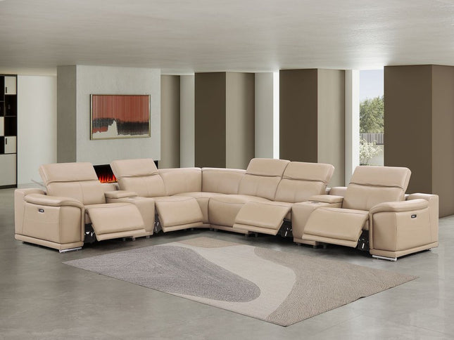 Beige Leather Modular L Shaped Eight Piece Corner Sectional With Console