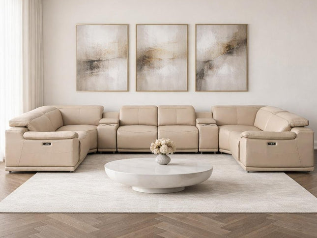 Beige Leather Modular U Shaped Eight Piece Corner Sectional With Console