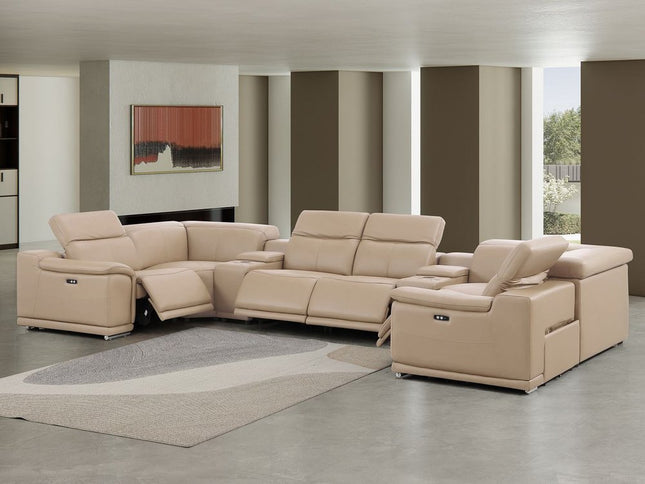 Beige Leather Modular U Shaped Eight Piece Corner Sectional With Console