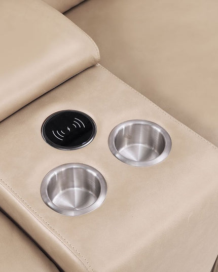 Beige Leather Modular U Shaped Eight Piece Corner Sectional With Console