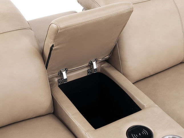 Beige Leather Modular U Shaped Eight Piece Corner Sectional With Console