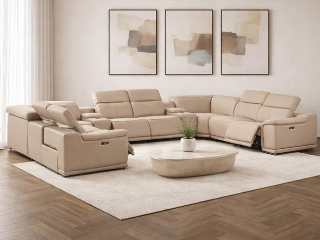 Beige Leather Modular U Shaped Ten Piece Corner Sectional With Console