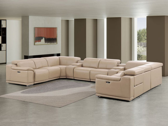 Beige Leather Modular U Shaped Ten Piece Corner Sectional With Console